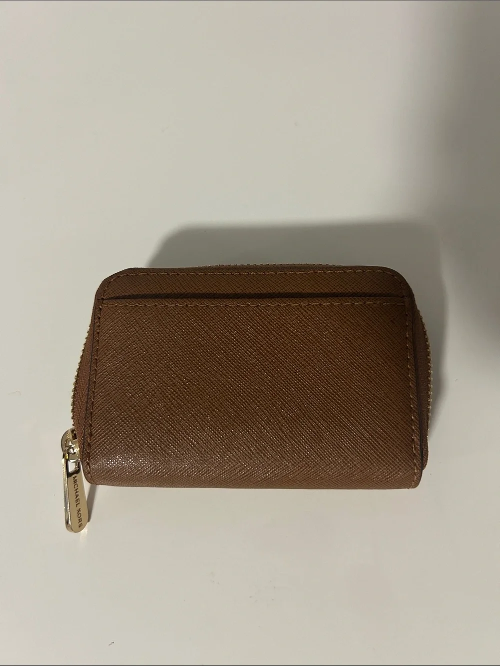 Michael Kors Brown Saffiano Zip Card Holder with Gold Hardware